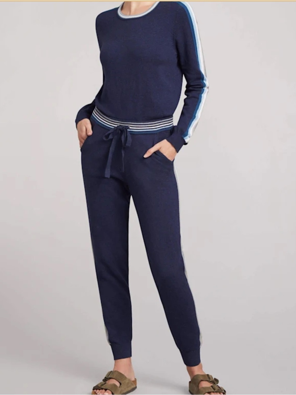 Faherty Surf Sweater Jogger Mist Stripe Blue Small Lounge Cozy Cotton Cashmere